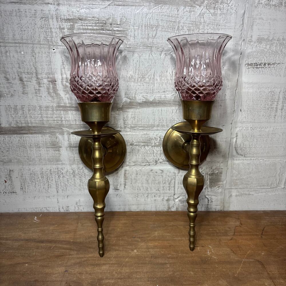 Set of 2 Vintage Brass Wall Sconces with Blush Glass Shades